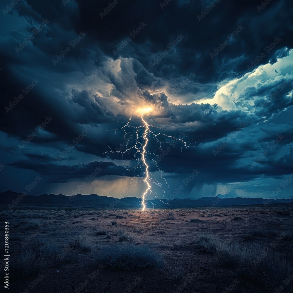 Fototapeta premium Dramatic lightning strike over a desert landscape at night.