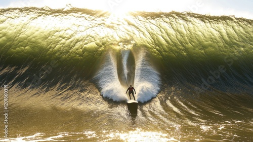 Surfer Riding a Massive Wave at Sunset with Vibrant Colors and Dramatic Ocean Backdrop photo