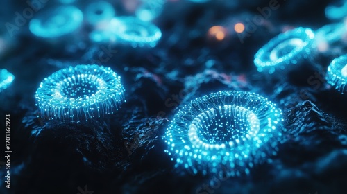 Microscopic view of glowing virus particles, [virus, germ, biology concept], [highly detailed, bioluminescent effect, futuristic medical visualization] photo