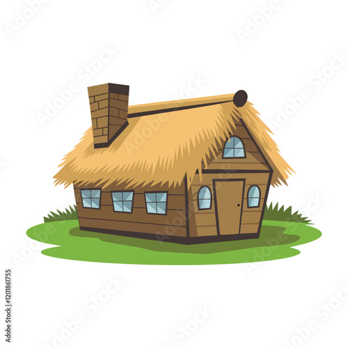 Charming Rustic Wooden Cottage with Thatched Roof, Chimney, and Grass Lawn - Cartoon Illustration of Traditional Countryside Home