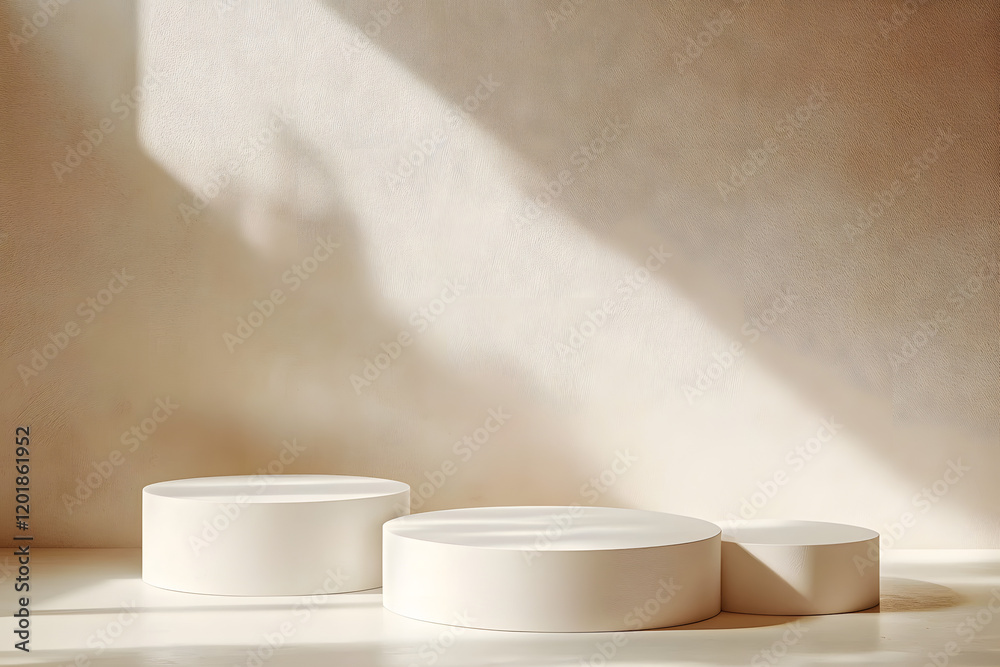 Minimalist product display with three white round podiums on beige background with sunlight. Minimalist product display with three white round podiums on beige background with sunlight.