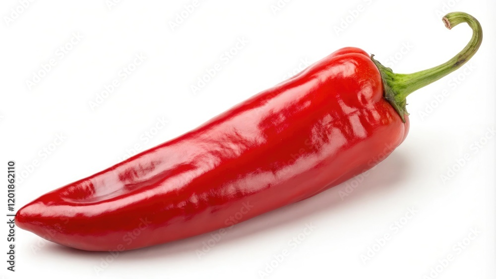 Close-up of red hot chilli pepper isolated on white background, showcasing its vibrant red color and glossy texture, food, fruit Close-up of red hot chilli pepper isolated on white background, showcasing its vibrant red color and glossy texture, food, fruit