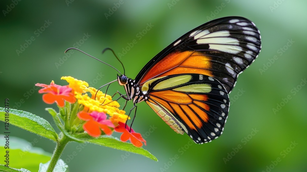 Orange butterfly feeding on vibrant flowers. Orange butterfly feeding on vibrant flowers.