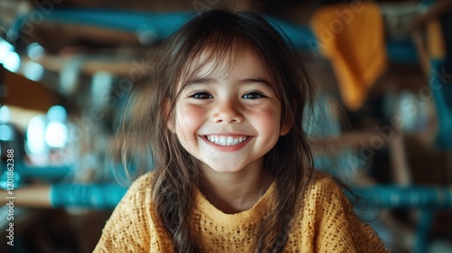 A smiling child enthusiastically weaves colorful fabric in a creative workshop, experiencing joy and learning while engaging in the traditional craft of weaving. photo