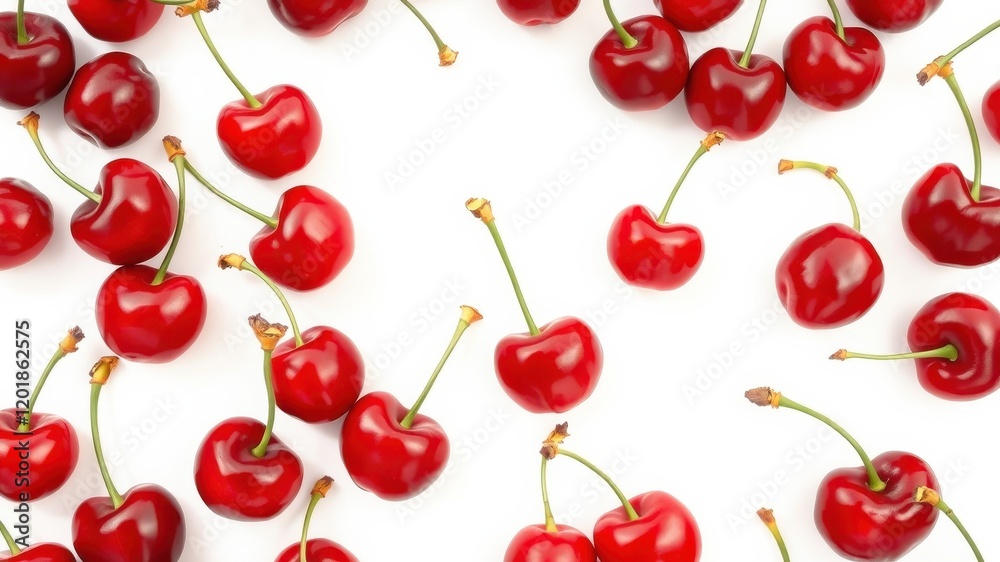 A vibrant arrangement of ripe cherries with glossy red skin and green stems, scattered across a crisp white background, creating a captivating visual feast for the senses. A vibrant arrangement of ripe cherries with glossy red skin and green stems, scattered across a crisp white background, creating a captivating visual feast for the senses.