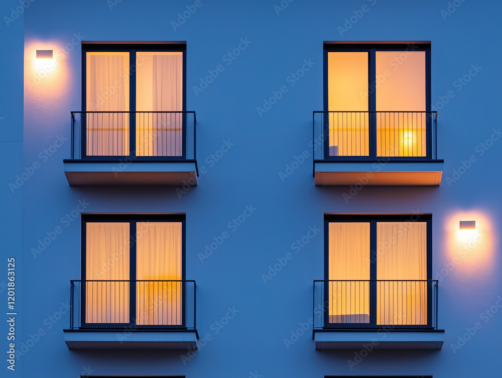 Obraz premium Modern Apartment Facade with Warmly Lit Windows at Twilight