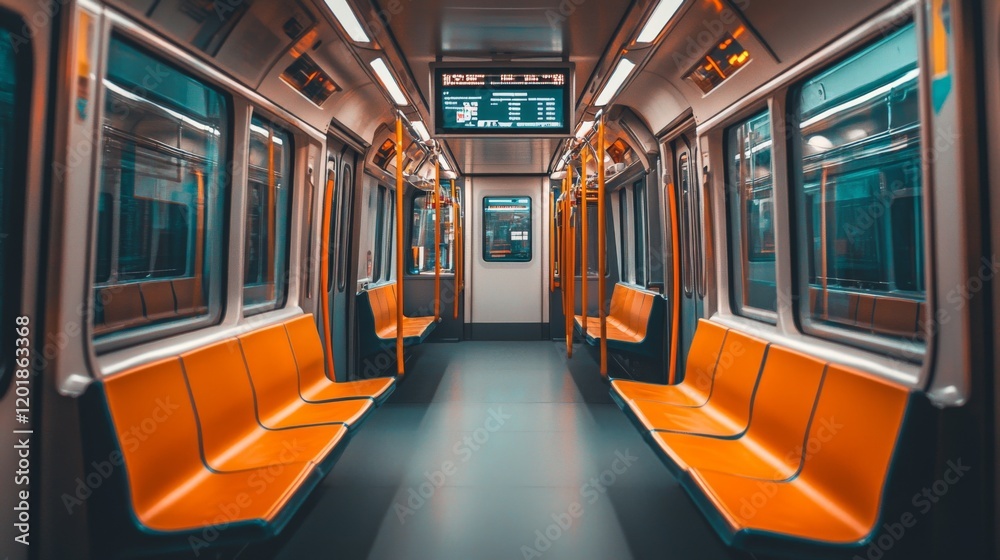 Fototapeta premium A detailed shot of the interior of an electric train, showing comfortable seating and digital display screens, highlighting the modern and clean design.