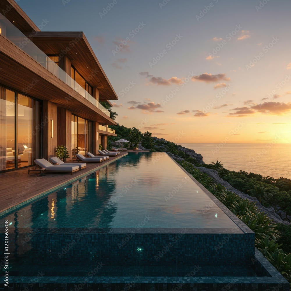 Fototapeta premium Luxurious cliffside villa, infinity pool overlooking ocean, sunset view, floor-to-ceiling windows, modern architecture, tropical paradise, golden hour lighting, reflective water surface, seamless indo