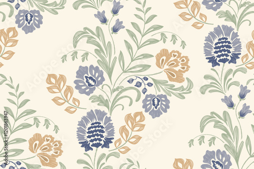 Vintage floral ethnic tapestry modern embroidery texture boho design vector illustration hand drawn silhouette indigo blue flower motif branches leaves wallpaper seamless background border.