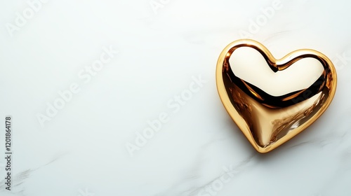 An elegant golden heart rests on a smooth marble surface, symbolizing love and luxury. The glossy reflection of the heart creates a sense of opulence and harmony. photo