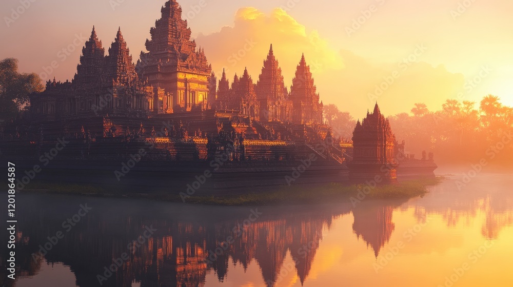 Naklejka premium A serene image of a majestic Buddhist temple at sunrise, with a calm pond reflecting its intricate architecture