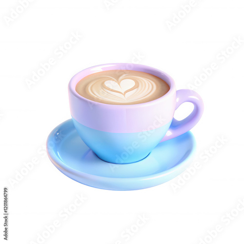 A beautifully rendered blue and pink coffee cup with a heart-shaped latte art on creamy surface. Perfect for coffee lovers. photo