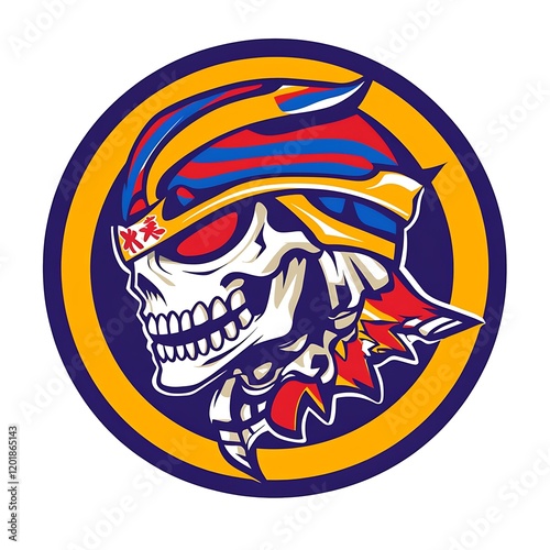 Skull Helmeted Illustration In Yellow Blue Red Circular Design photo