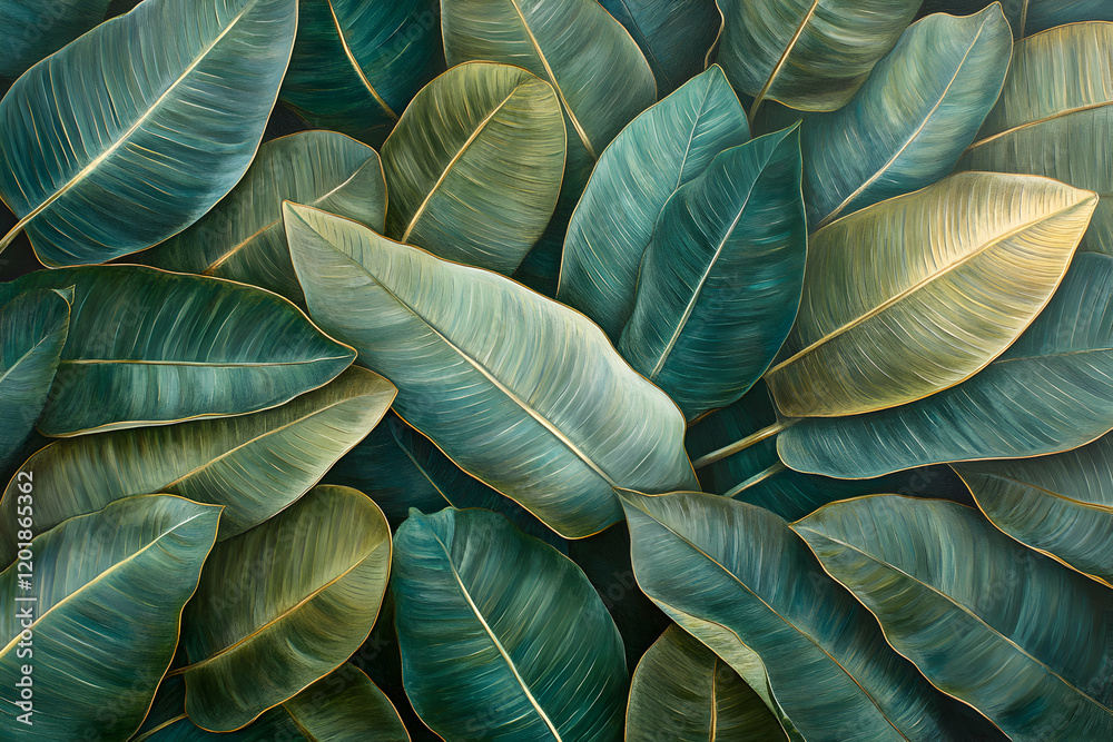 Obraz premium Lush, vibrant green leaves, rich textures, detailed botanical painting. Perfect for nature, design, and wellness projects.
