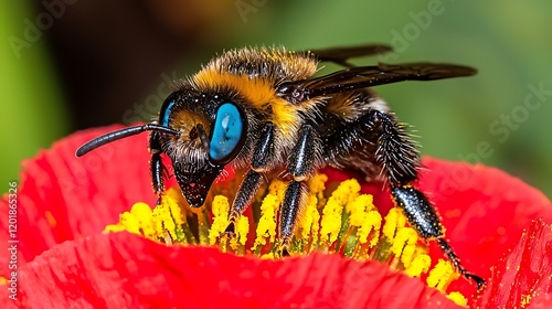Close-up of a bee collecting pollen from a vibrant red flower in a lush garden setting