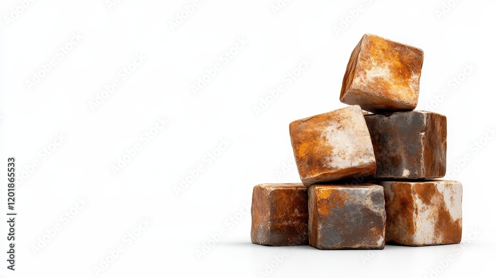 Stacked weathered cubes showcasing varied textures and earthy hues, creating an abstract and minimalist visual on a clean white backdrop in a modern setting. Stacked weathered cubes showcasing varied textures and earthy hues, creating an abstract and minimalist visual on a clean white backdrop in a modern setting.