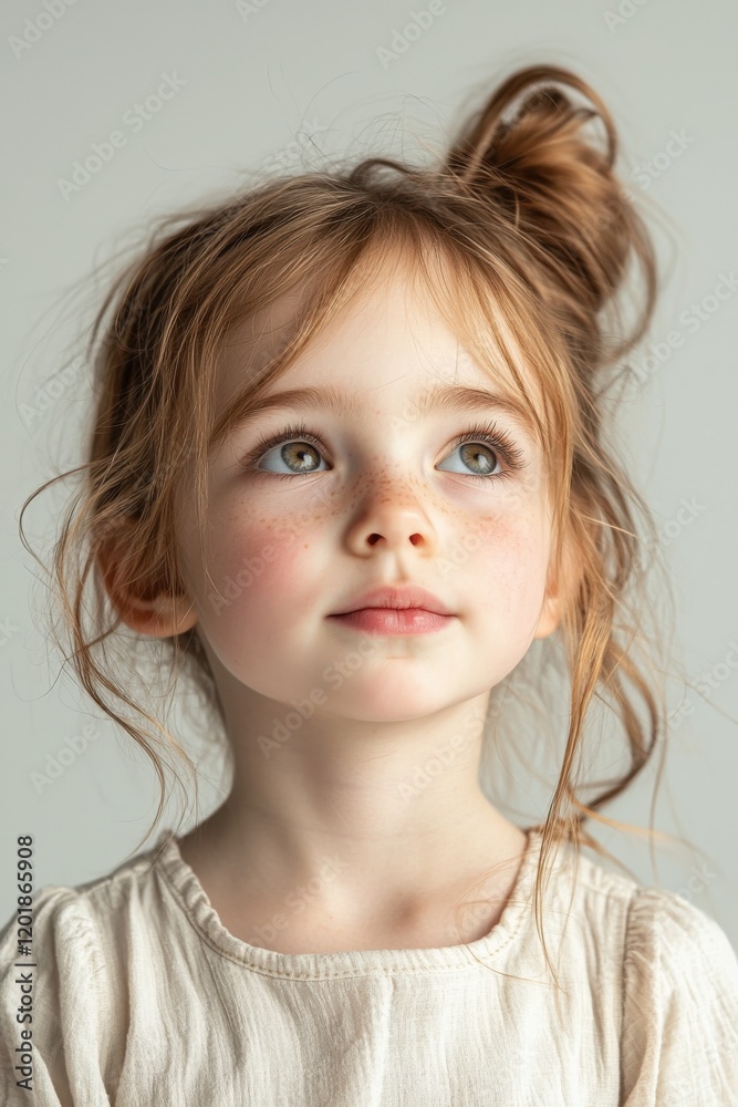 Adorable girl looking up with freckles and fair skin, thoughtful pose, Generated AI Adorable girl looking up with freckles and fair skin, thoughtful pose, Generated AI