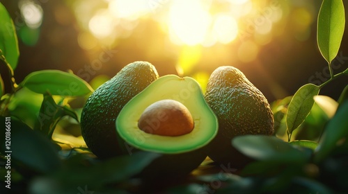 Ripe avocados with seed, sunlight, leaves.