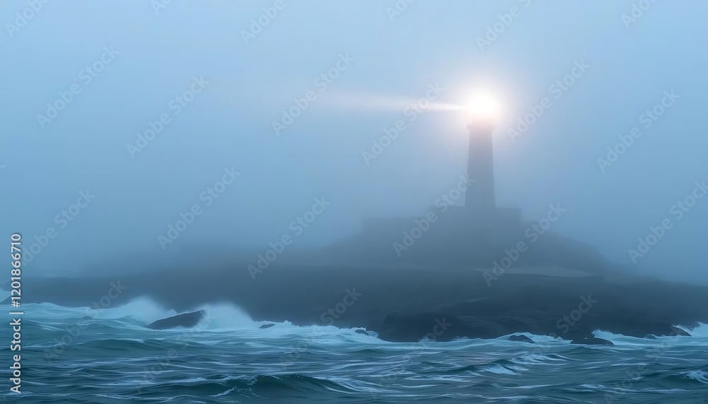 Fototapeta premium Lighthouse Beam Cutting Through Foggy Ocean Waves