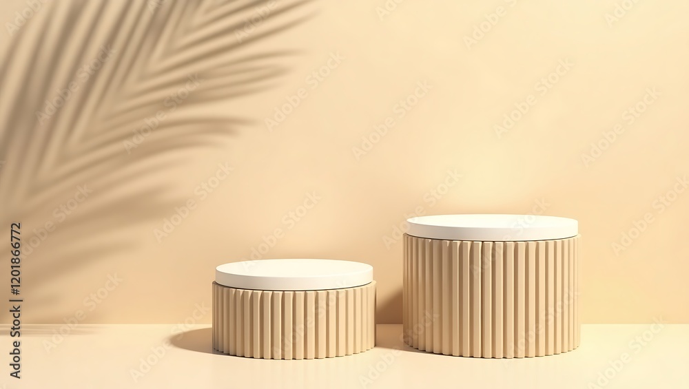 Minimalistic Beige Podium Scene with Soft Palm Leaf Shadows - Modern Product Display Background for Branding, Marketing, and Design Mockups