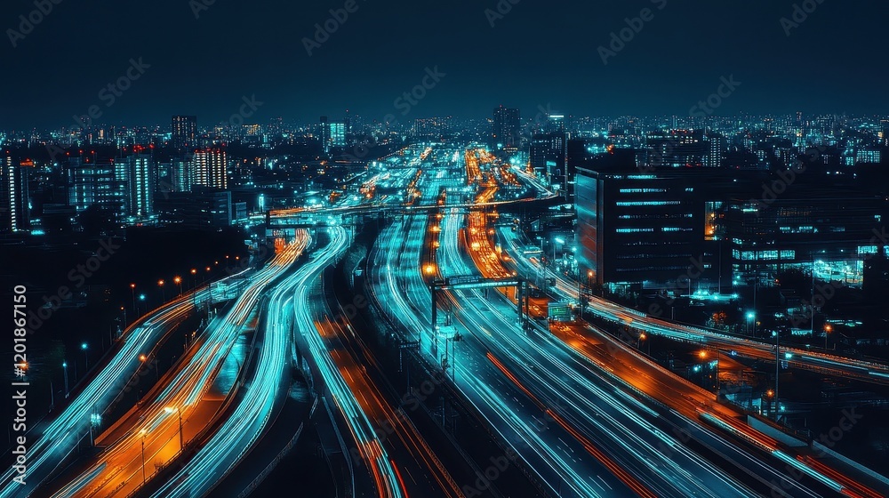 Fototapeta premium Nighttime aerial view of a brightly lit freight terminal, highlighting the scale of global cargo operations 