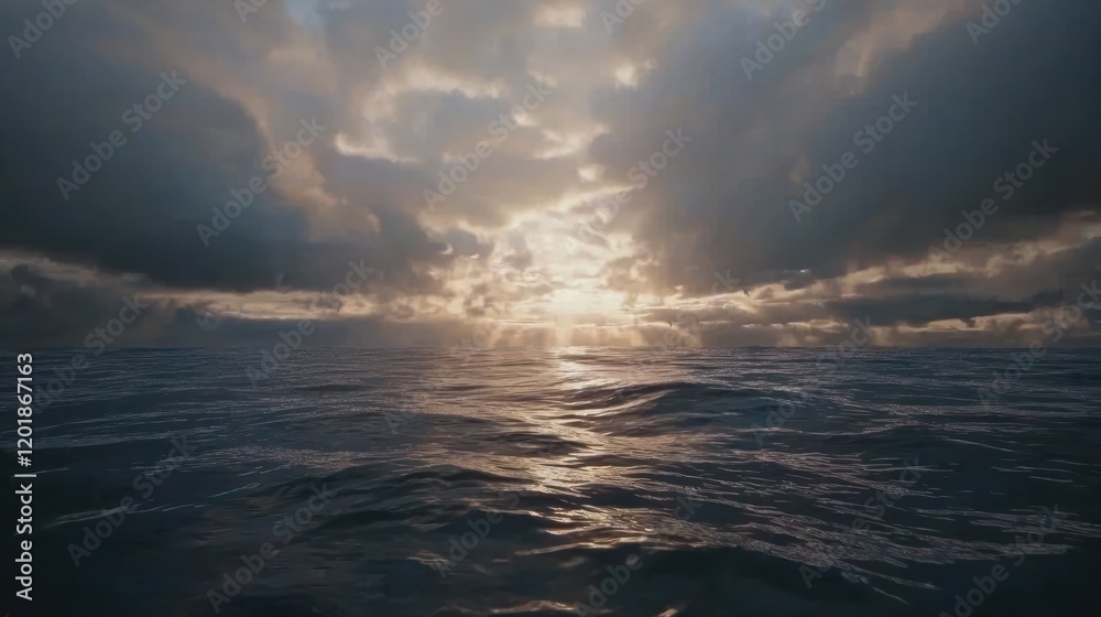 Dramatic sunset over a dark ocean with sun rays breaking through clouds. Dramatic sunset over a dark ocean with sun rays breaking through clouds.