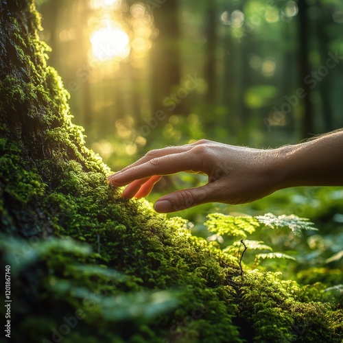 A serene close-up of a hand touching moss on a tree, symbolizing connection with nature and ecological preservation. Ideal for environment and Earth Day campaigns.
