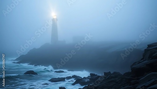 Lighthouse in Foggy Coastal Scene Dramatic Ocean Waves photo