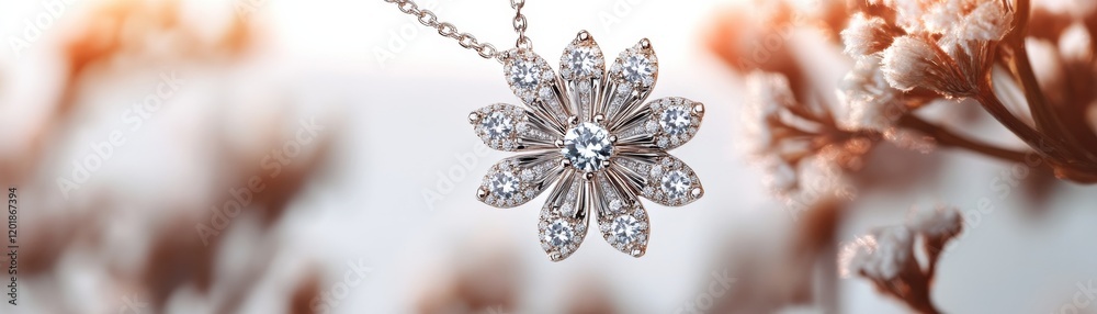 Elegant flower necklace adorned with sparkling gemstones, set against soft blossoms. Elegant flower necklace adorned with sparkling gemstones, set against soft blossoms.