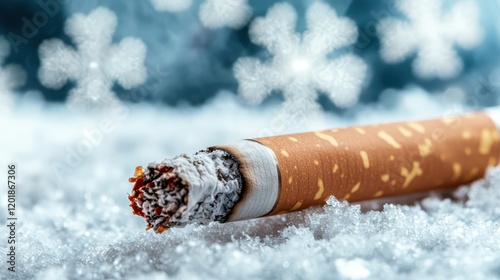 A single lit cigarette rests atop fresh snow, contrasting the burning ember with the cold backdrop, symbolizing warmth against the crisp and chilling environment.