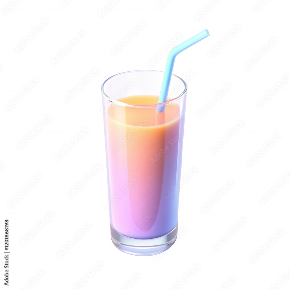 A colorful smoothie drink in a clear glass with a blue straw. The drink showcases a gradient of colors from yellow to pink.
