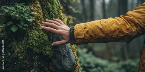A serene close-up of a hand touching moss on a tree, symbolizing connection with nature and ecological preservation. Ideal for environment and Earth Day campaigns.