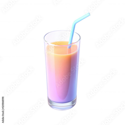 A colorful smoothie drink in a clear glass with a blue straw. The drink showcases a gradient of colors from yellow to pink.