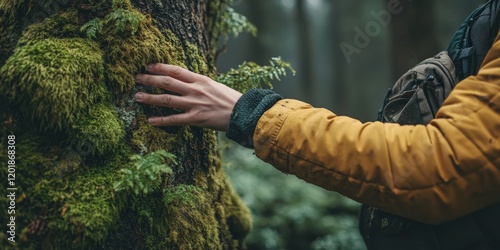 A serene close-up of a hand touching moss on a tree, symbolizing connection with nature and ecological preservation. Ideal for environment and Earth Day campaigns.