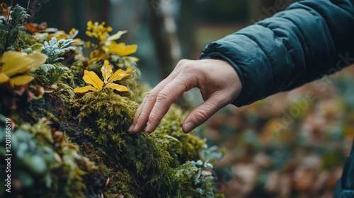 A serene close-up of a hand touching moss on a tree, symbolizing connection with nature and ecological preservation. Ideal for environment and Earth Day campaigns.
