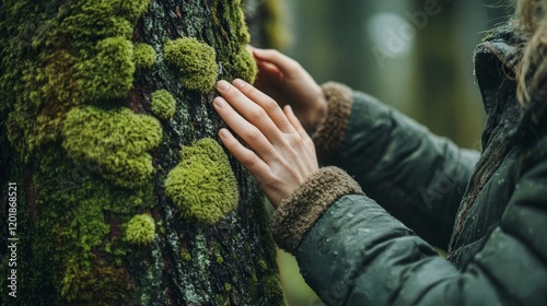 A serene close-up of a hand touching moss on a tree, symbolizing connection with nature and ecological preservation. Ideal for environment and Earth Day campaigns.