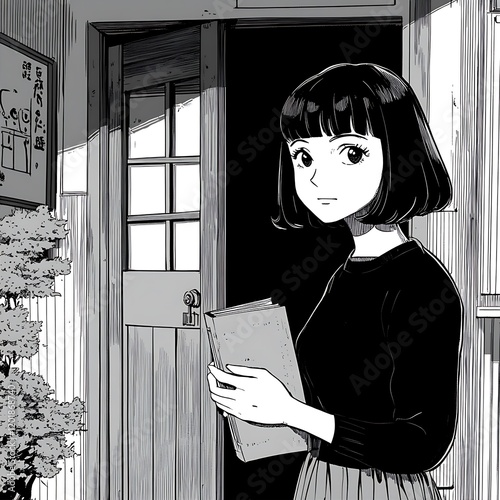 Woman Standing By A Door Holding A Book Black And White With Trees And A Picture On The Wall