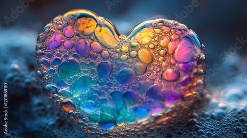 A frothy bubble heart pattern with shimmering reflections and rainbow hues