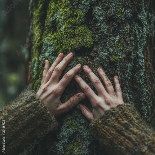 A serene close-up of a hand touching moss on a tree, symbolizing connection with nature and ecological preservation. Ideal for environment and Earth Day campaigns.
