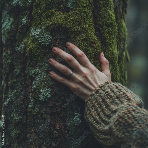 A serene close-up of a hand touching moss on a tree, symbolizing connection with nature and ecological preservation. Ideal for environment and Earth Day campaigns.