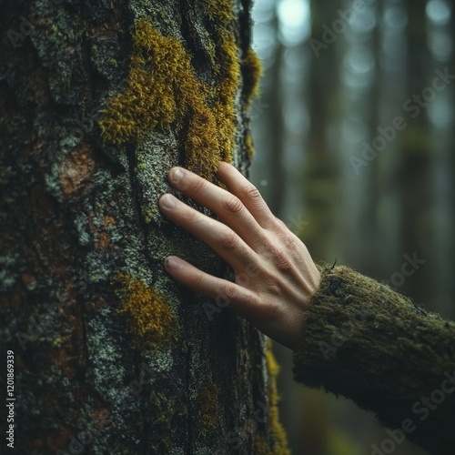 A serene close-up of a hand touching moss on a tree, symbolizing connection with nature and ecological preservation. Ideal for environment and Earth Day campaigns.