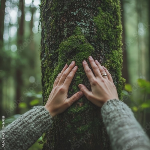 A serene close-up of a hand touching moss on a tree, symbolizing connection with nature and ecological preservation. Ideal for environment and Earth Day campaigns.