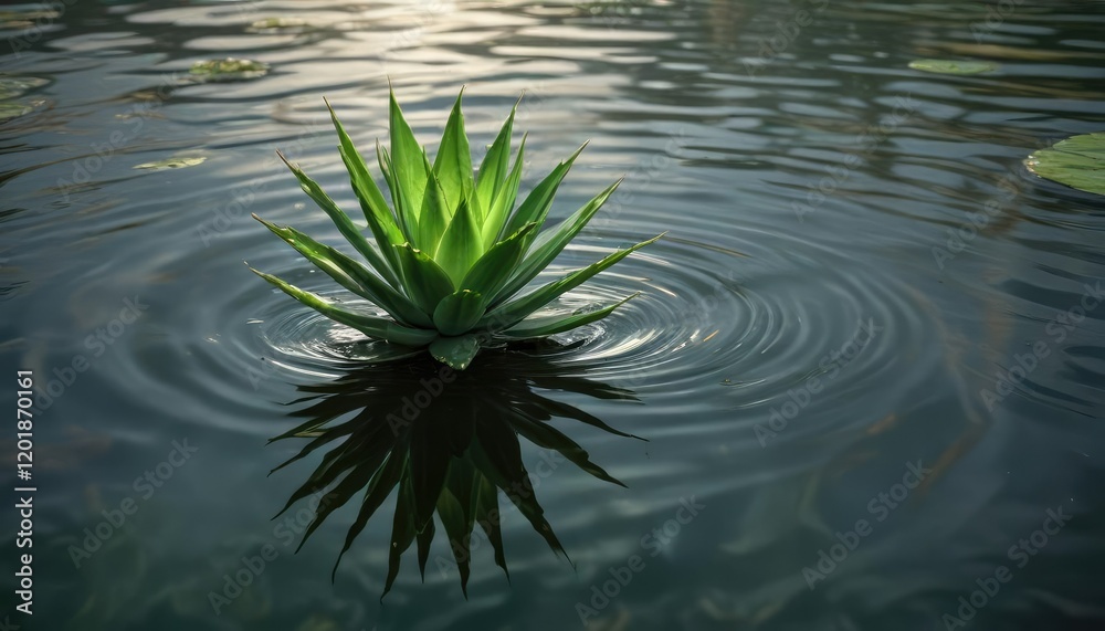 Aloe vera falling into calm lake water with ripples, wave, plant Aloe vera falling into calm lake water with ripples, wave, plant