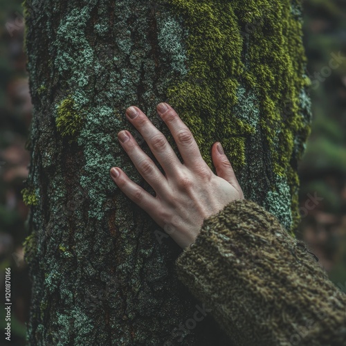 A serene close-up of a hand touching moss on a tree, symbolizing connection with nature and ecological preservation. Ideal for environment and Earth Day campaigns.
