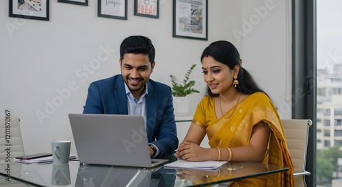 Indian business couple in traditional attire working together on laptop in modern office environment