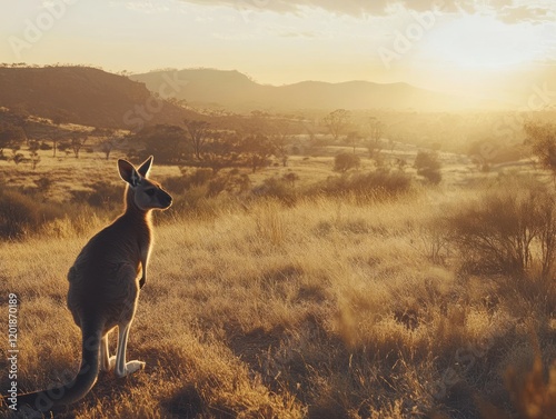 Kangaroo stands tall in golden sunset Australian outback landscape background photo