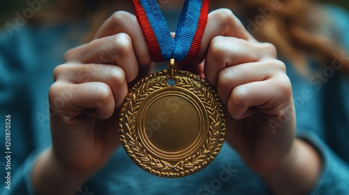 Close-up view of a person holding a gold medal with red and blue ribbon showing achievement and success photo