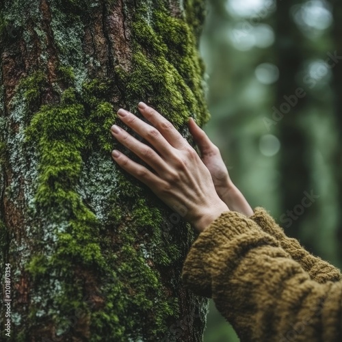 A serene close-up of a hand touching moss on a tree, symbolizing connection with nature and ecological preservation. Ideal for environment and Earth Day campaigns.