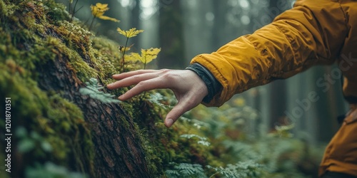 A serene close-up of a hand touching moss on a tree, symbolizing connection with nature and ecological preservation. Ideal for environment and Earth Day campaigns.