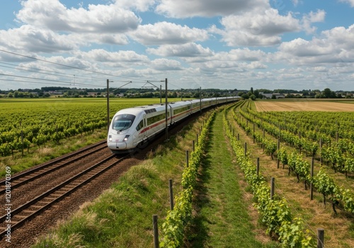 High-speed train, lush green fields, rural landscape, railway tracks, fluffy clouds, blue sky, agricultural scenery, modern transportation, sleek white train, farmland, parallel lines, horizon, summer